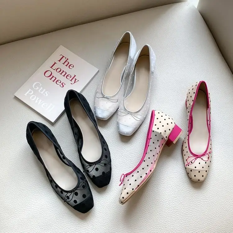 

Rose Red Black White Polka Dot Mesh Upper Women High Heels Shoes Chic Butterfly-knot Slip On Ladies Cozy Shoes Chunky Heel Pumps