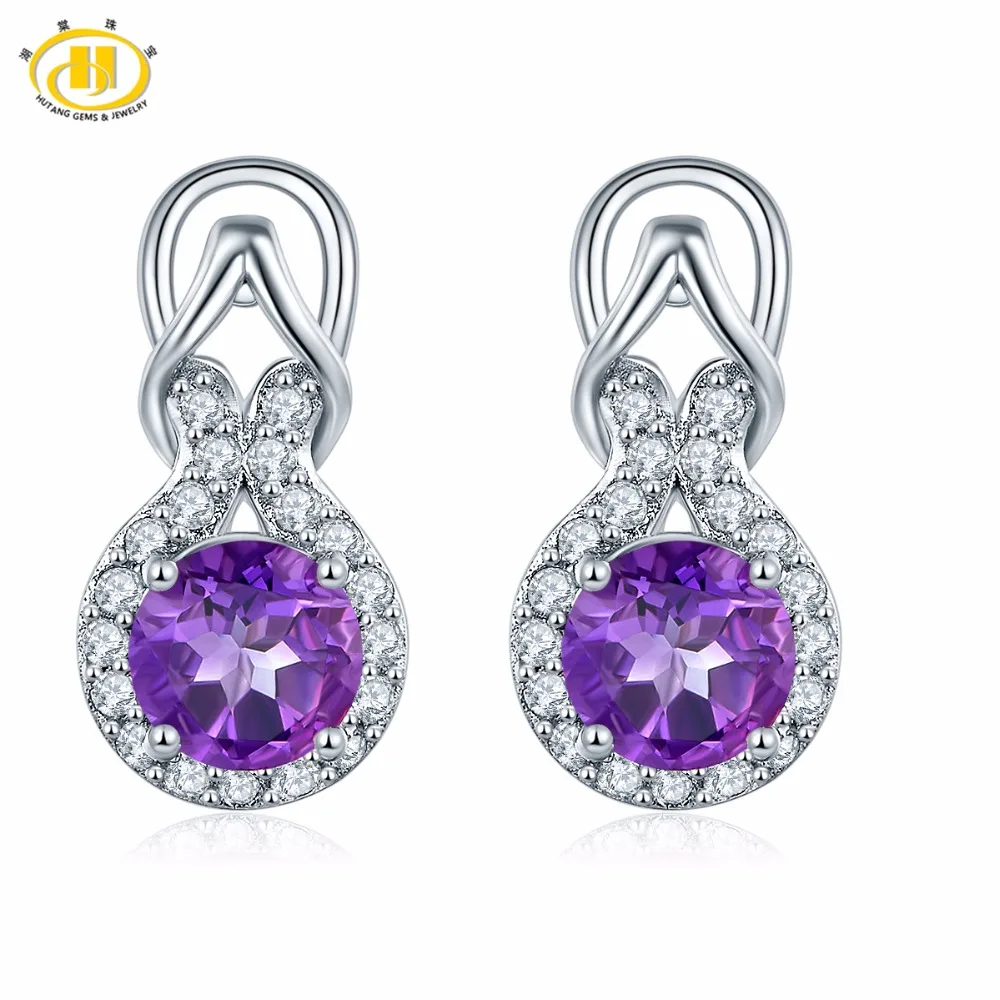 Hutang Natural Amethyst Infinity Earrings Solid 925 Sterling Silver Purple Gemstone Fine Jewelry Earring for Women best Gift