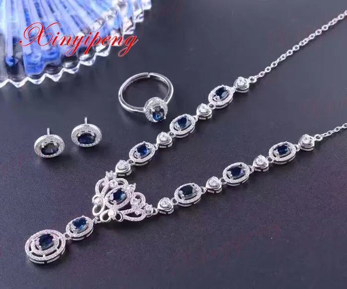 925 silver inlaid natural sapphire jewelry suit ring earrings necklace lady wedding gift Precious stones