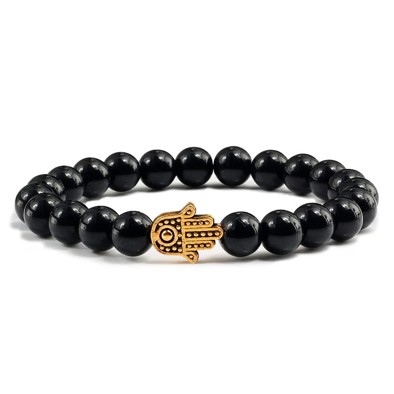 Hot Sale Alloy Hand Black Lava Beads Bracelet Natural Stone Volcanic Prayer Charm Bracelets Women Men Jewelry Femme Homme Gifts