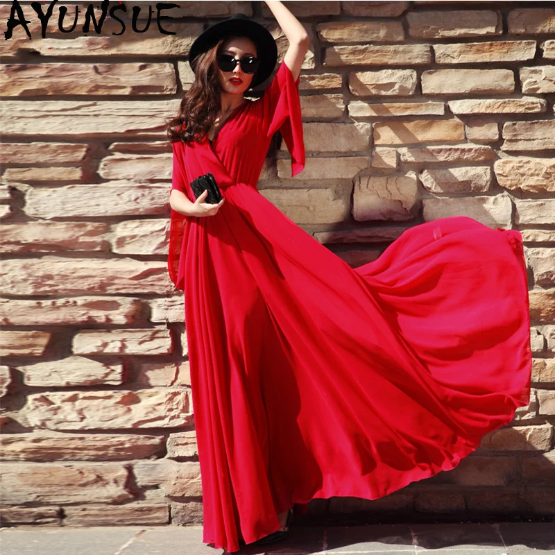 Zomer Jurk voor Womens Bohemian Chiffon Rode Jurk Casual Losse Maxi Solid Jurken V-hals Sexy Strand Jurken Vestidos LW076 Zomer Jurk voor Womens Bohemian Chiffon Rode Jurk Casual Losse Maxi Solid Jurken V-hals Sexy Strand Jurken Vestidos LW076