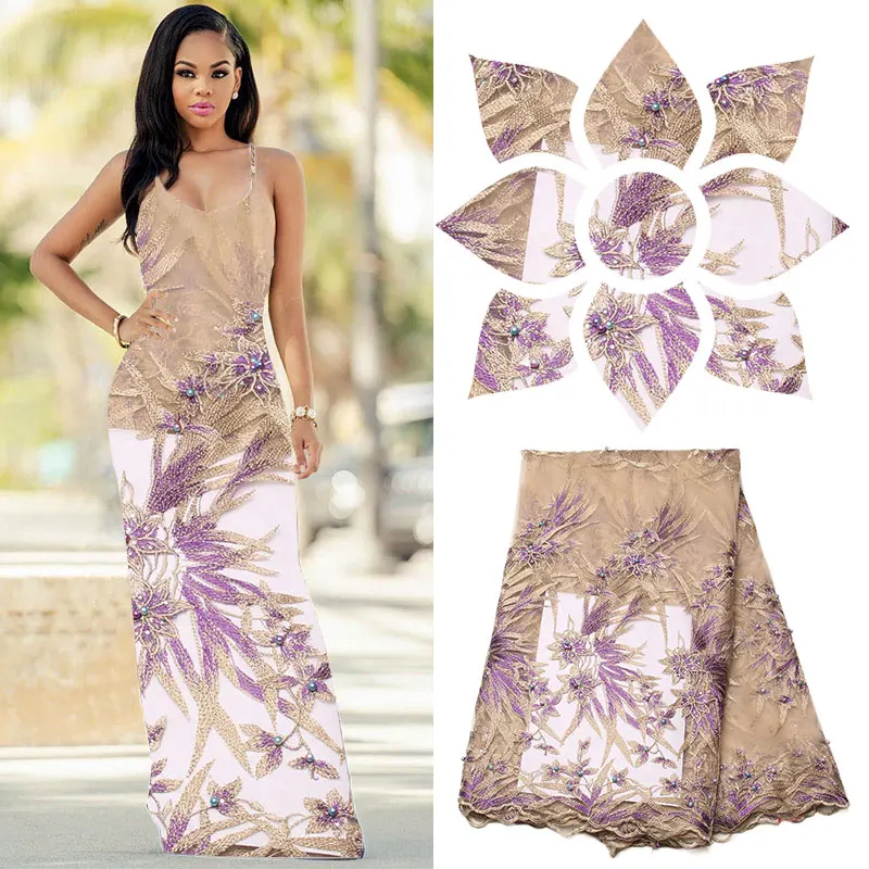 

2017 Latest African Lace Fabric Design Tulle French Lace Fabric Embroidered Women Lace Material With Beads XY1163B-1