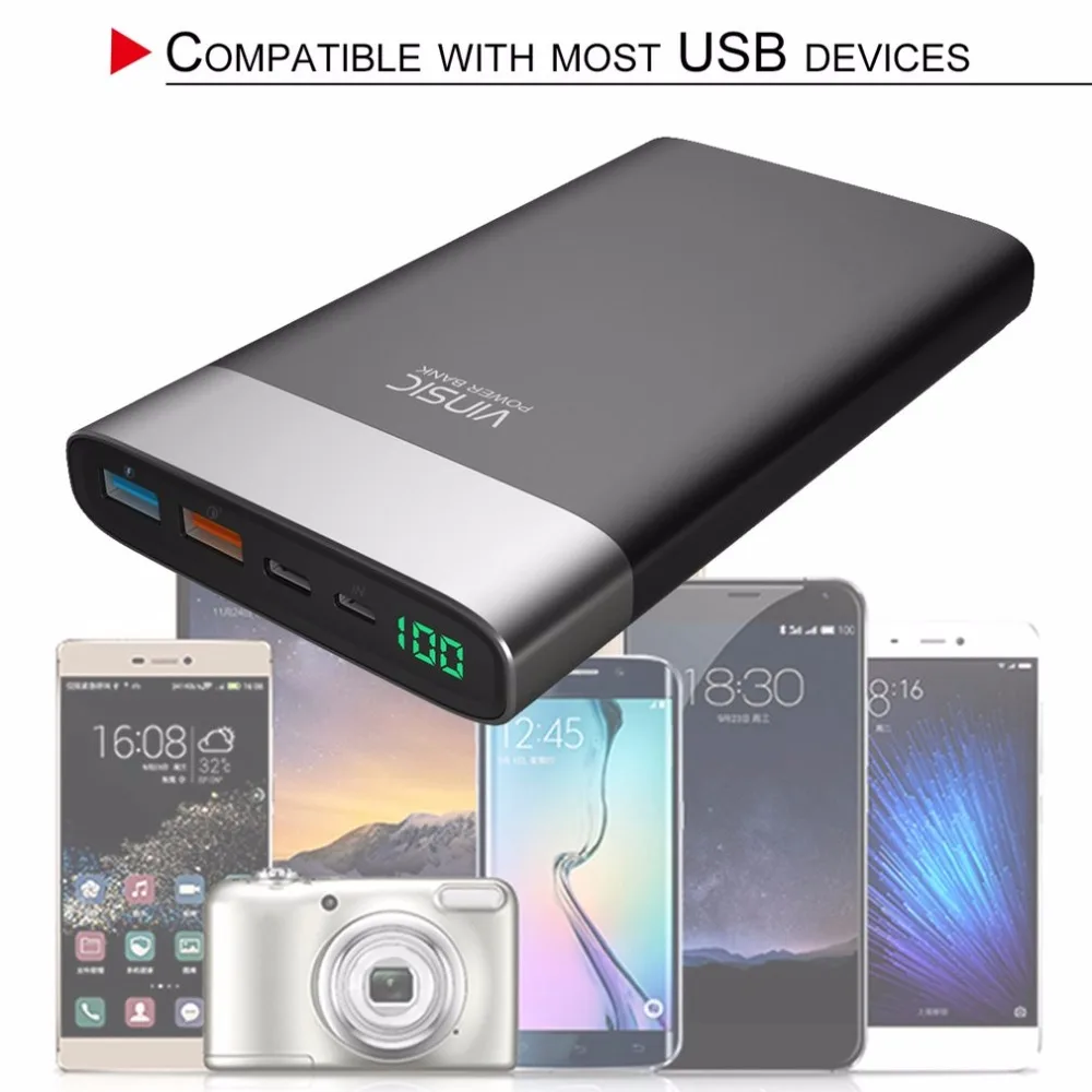 

VINSIC Unique 20000MAH Power Bank Dual USB Type-C Battery Charger Power Supply Phone Charger for Smartphones Tablets Powerbank