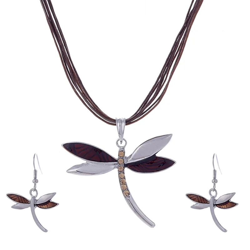 MINHIN, роскошный серебряный кулон в виде стрекозы, ювелирный набор для женщин, дизайн, стразы, Многослойная Веревка, ожерелье, серьги, набор