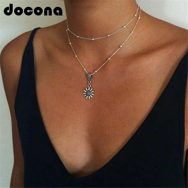 

docona Bohemian Silver Color Sunflower Pendant Necklace for Women Girl Metal Chains Layered Necklaces Party Jewelry Collars 2824