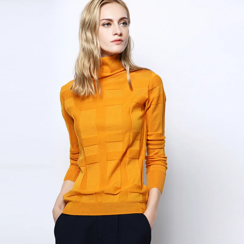 Women Wool Sweater 100%Merino Wool Turtleneck Pullovers Plaid Knitted Sweaters For Women 2018 Fall Winter Knitwwear