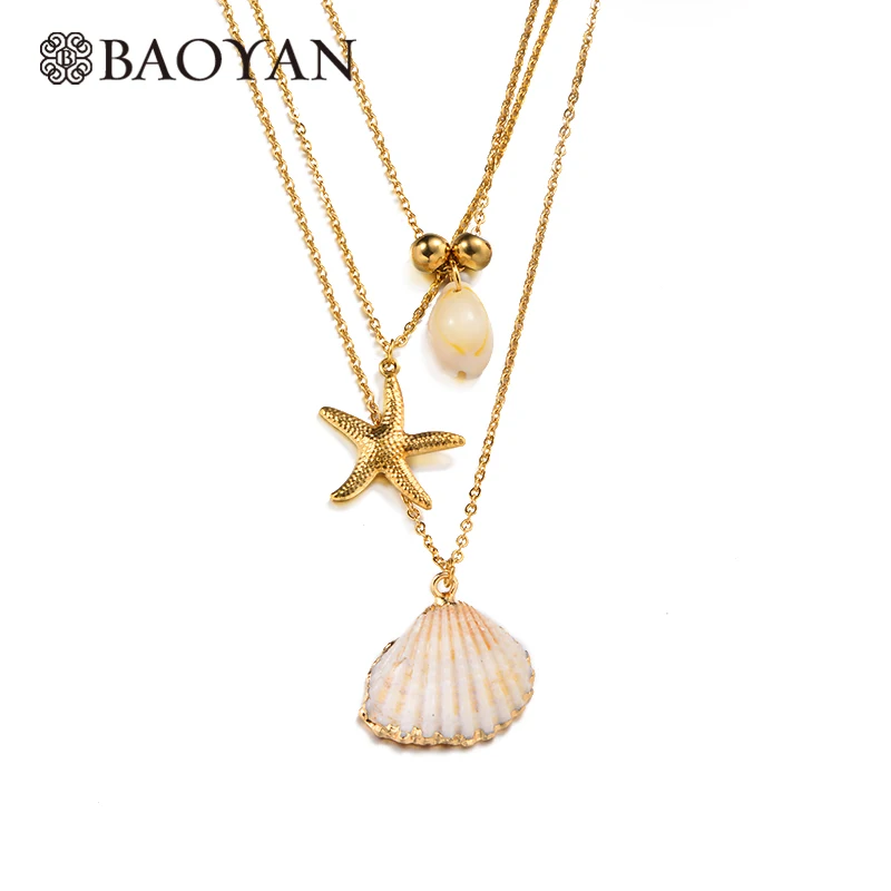 BAOYAN, бохо, многослойные ожерелья из нержавеющей стали, Золотая Морская звезда, подвеска из морской раковины, ожерелья, белые, натуральная оболочка, ожерелья для женщин