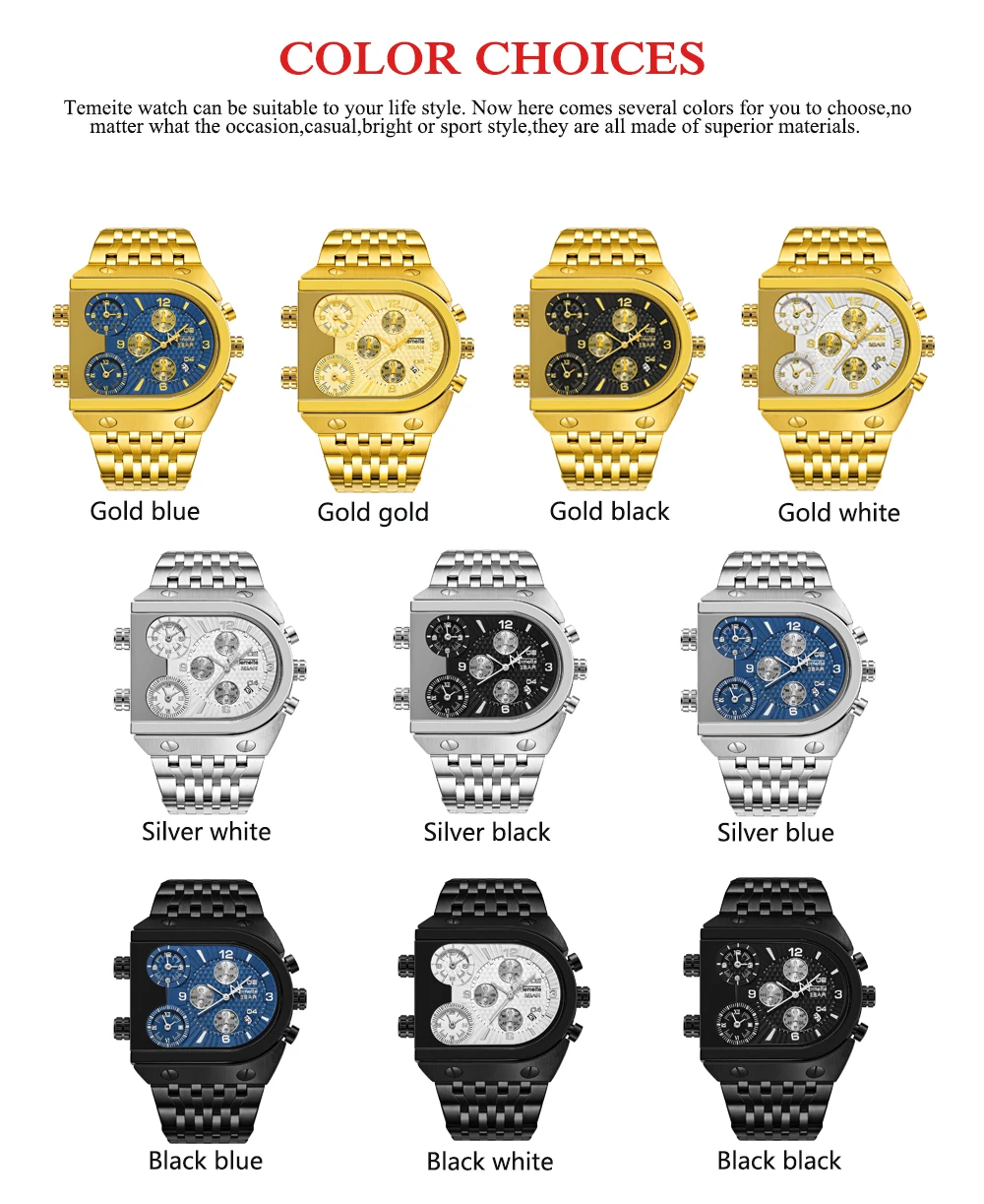 TEMEITE Quartz Mens Watches Top Brand Luxury Golden Clock 3 Time Zone Date Stainless Steel Strap Mi