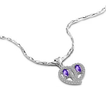 

Elegant Silver Jewelry Girl S925 Sterling Silver Necklace Purple Zircon Inlay Heart Pendant Design Solid Silver Clavicle chains