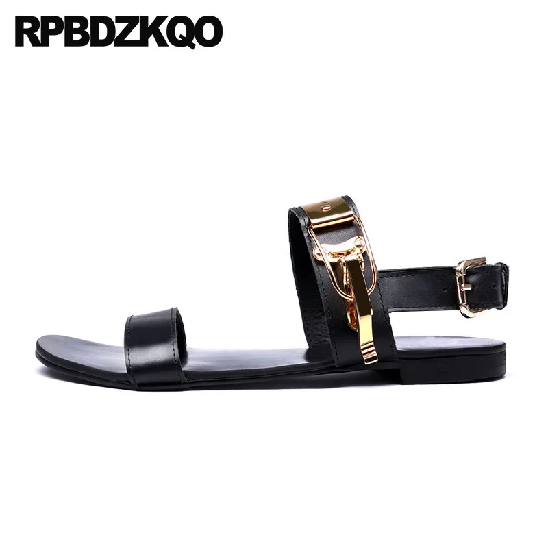 

italian breathable metal fashion designer shoes men high quality summer beach black casual flat sandals genuine leather strap