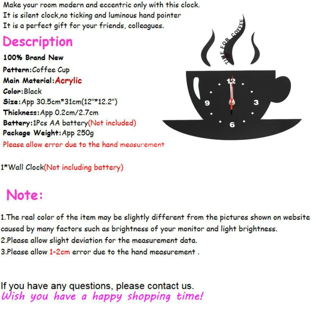 JX-LCLYL 3D DIY Mirror Wall Clock Home Decor Creative Modern Design Acrylic  Coffee Cup Living Room Decorative Time for Coffee
