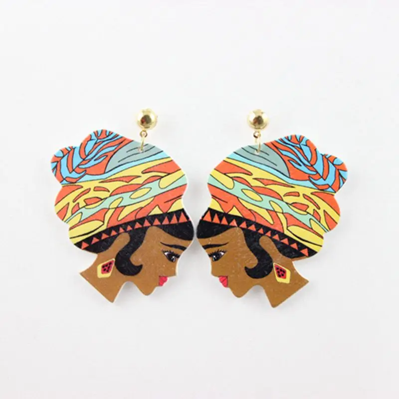 

New Fashion Night Club Personality Hip Hop Jewelry Wooden Print Women Head Stud Earrings 6 Colors