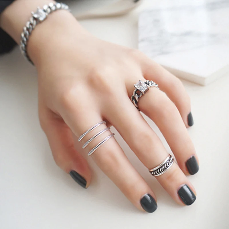 

XIAGAO 925 Sterling Silver Ring Opening Three Line 10.8mm Punk Style Bijoux Femme Rings For Women CNR195