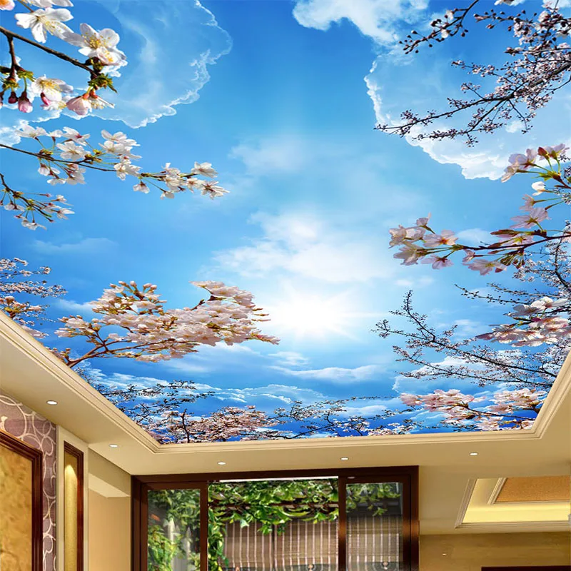 Пользовательские потолочные Настенные ткани классическое голубое небо белые облака вишневые Цветы фото обои Гостиная оформление отелей настенная 3D