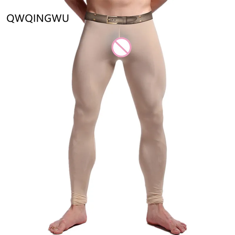 Sexy Men's Ultra-Thin Silky Long Johns Thermal Pants Cool Leggings Underwear Comfortable See Leggings Lingerie Long Johns