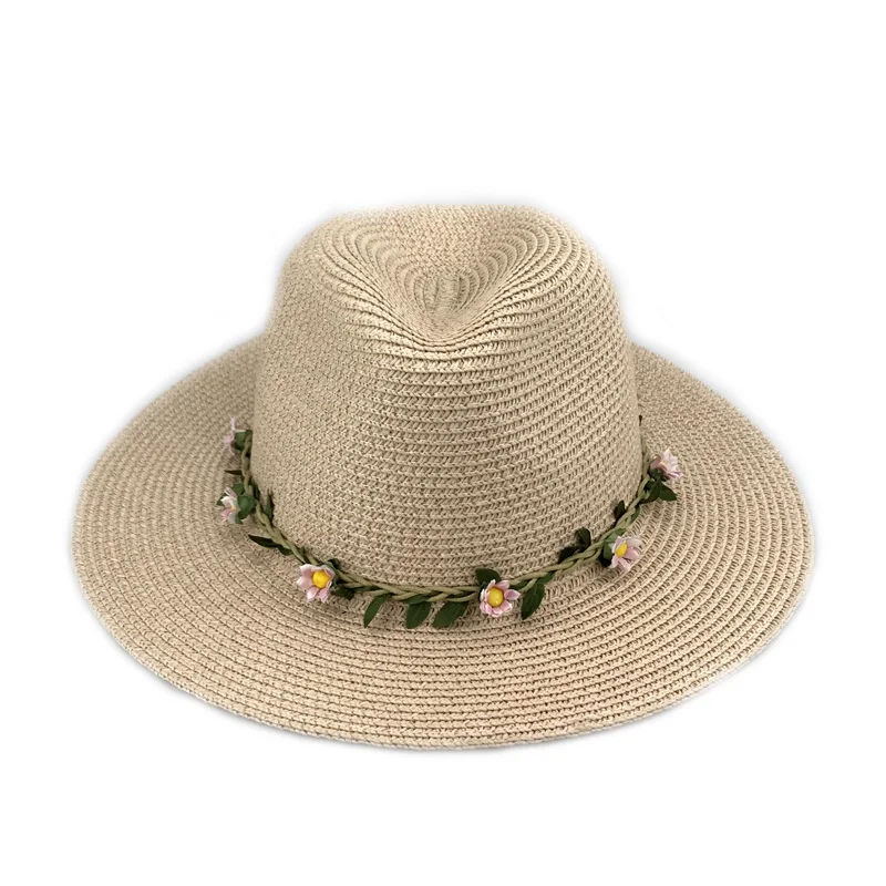 Small Flower Headband Straw Sun Hats Women Wide Brim Beach Cap Summer Sun Visor Hat Panama Jazz Hats,Pink Straw Panama