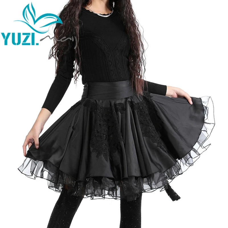 

Yuzi New 2017 Vintage Elegant Lace Patchwork A-Line With Tassel Pleated Organza Fluffy Black Women Skirt X3015Women's Clothing