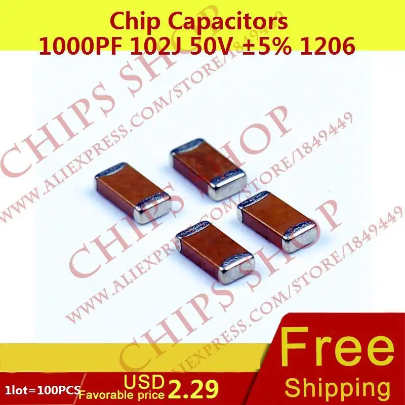 1 лот = 100 шт. чип Конденсаторы 1000pf 102j 50 В 5% 1206 1nf 0.001 мкФ package1206 (3216 метрических) SMD |