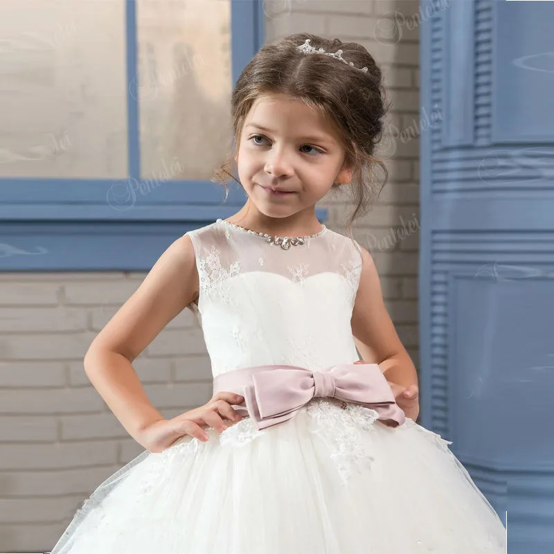

White First Communion Dress Lace Appliques With Bow Lace Up Flower Girl Dress for Wedding Pageant Gown Custom Made Any Sizelx
