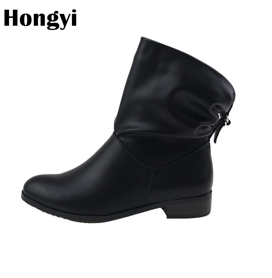Hongyi 2018 Platform Outdoor Boots Ladies Rubber Sole Ankle Boots Low Heels Women Boots Slip On
