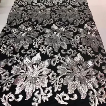 

nigerian lace fabrics 5yard fashion african lace fabric with silver sequin flower design high quality sequin fabric wedding