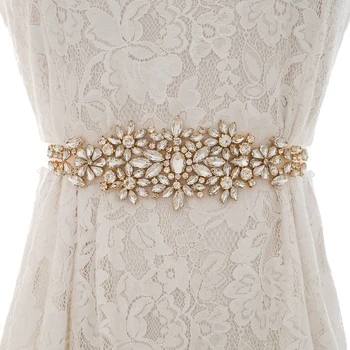 

Gold Rhinestones Wedding Belt Crystal Pearls Bridal Belt Hand Beaded Bridal Sash For Women Long Dresses S183G