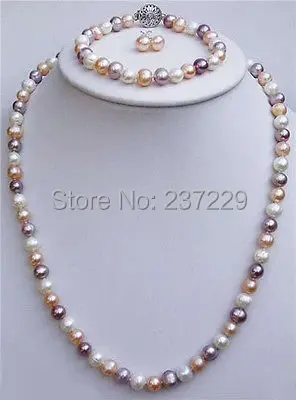 

Wholesale price FREE SHIPPING ^^^^^^7-8mm mixed-colour Freshwater pearl Necklaces Bracelets Earrings sets