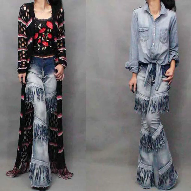 Мода года персональный градиент брюки с бахромой джинсовые расклешенные брюки стрейч большого размера для детей длинные штаны из денима высокие Для женщин W375