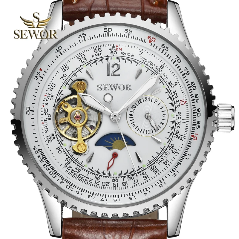 

SEWOR Mens Watches Top Brand Luxury Fashion Multi-functional Leather Watch Band Tourbillon Automatic Watch Men Sport Watch C346