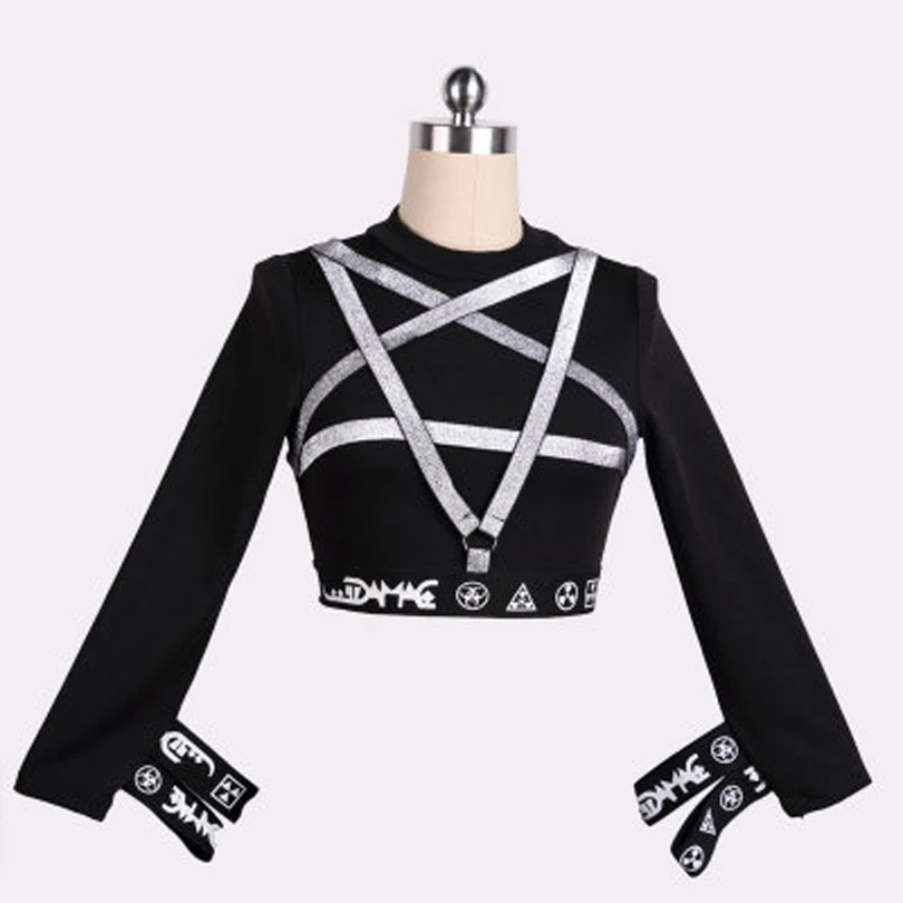 

Punk Pentagram Straps Women T-shirt Female Sexy Tops Gothic Tees for Girls Five Pointed Star Long Sleeve T Shirts tshirt