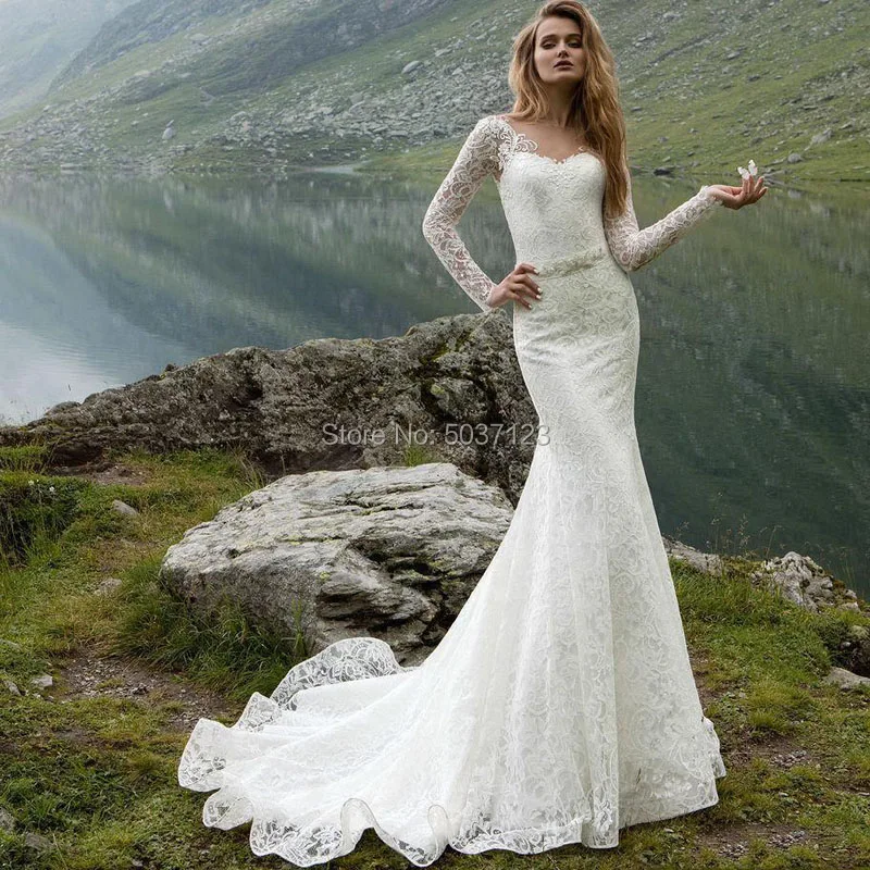 Кружевное Свадебное платье русалки с длинным рукавом, v-образным вырезом, кружевной аппликацией Vestidos De Noiva, открытая спина, свадебное платье с длинным подолом, большие размеры