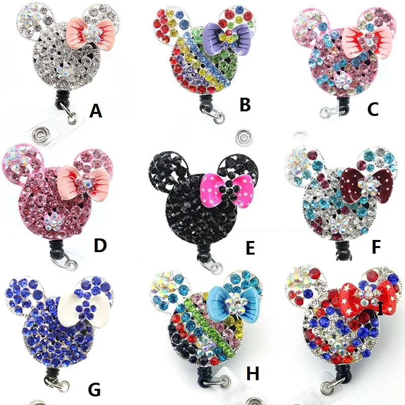 

50PCS/LOT free shipping 9kinds Hot sell Cute Cartoon rhinestone Mickey Mini Mouse Head Retractable id badge holder Reel