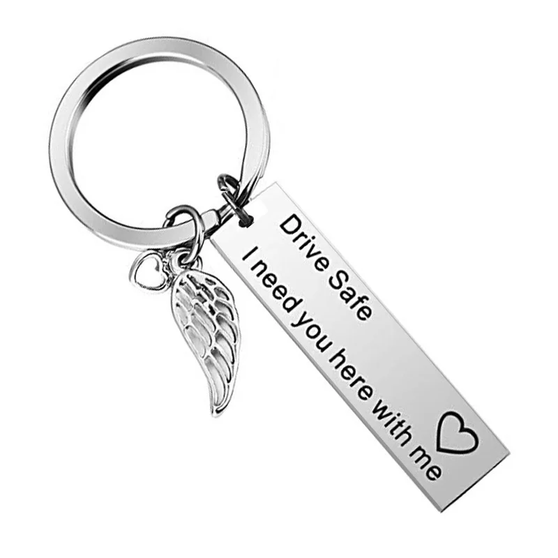 

Fashion Creative Keychain Angel Wings Pendant Couple Lettering Key Accessories "Drive Safe I Need You Here with Me"