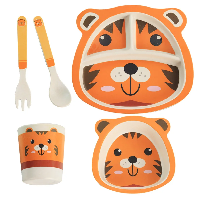 

5 Pcs/Set Cute Cartoon Children Tableware for Baby Dishes Bamboo Fiber Dinnerware Set Boys Girls Feeding Bowl Dishes With Spoon