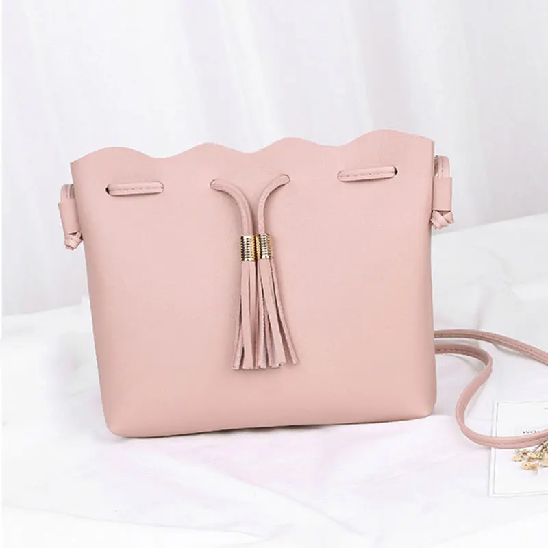 

Hot Women Messenger Bag PU Leather Solid Color Tassel Bucket Handbags Lady Casual Crossbody Shoulder Bags BVN66