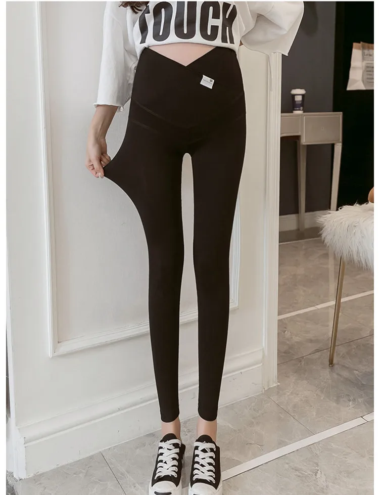 Poungdudu беременных женщин девять брюки двойной живот Лифт низкой талией средней талии леггинсы Модальные хлопковые брюки реальные - Цвет: Черный