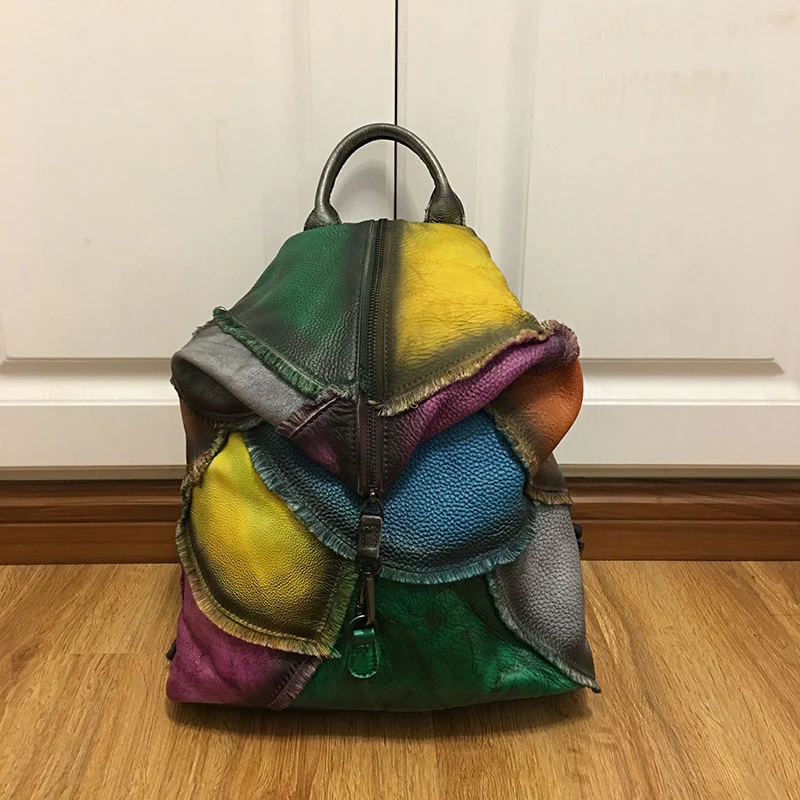 

Genuine Leather Backpack Women Fashion Vintage Bagpack 100%handmade Casual Back Pack Travel Luxury Brand Colorful 2019 Mochila
