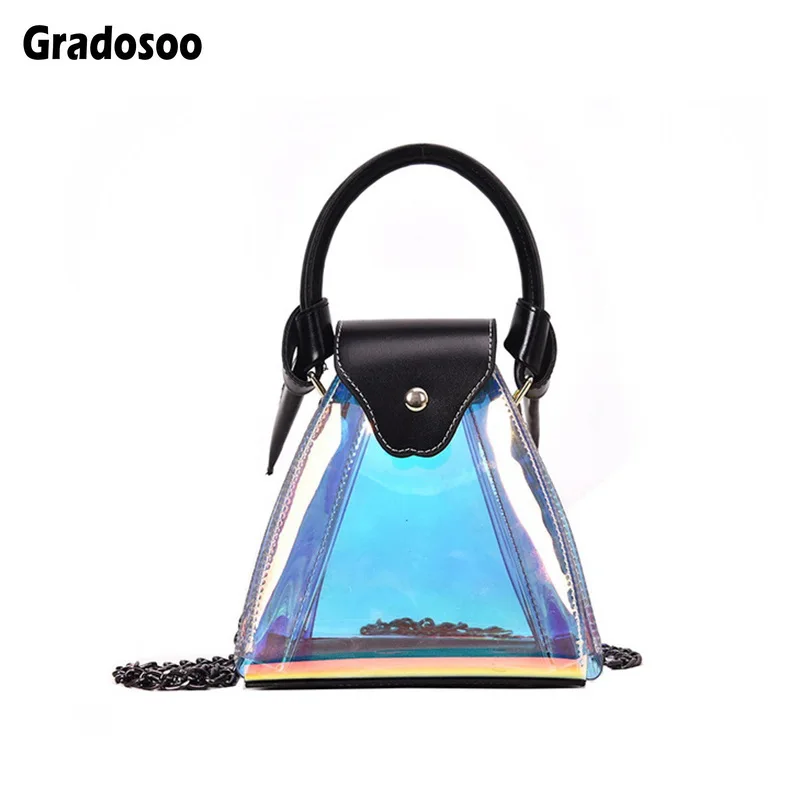 

Gradosoo Transparent Laser HandBag Women Chain Design Bucket Bag Female Fashion Shoulder Bag Women Small Bags Summer Bags LBF489