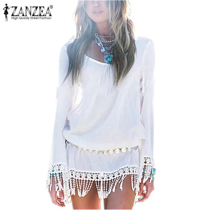 

2019 ZANZEA Bohemian Women Summer Mini Dress Sexy O Neck Lace Tassel Chiffon Beach Dresses Casual Loose Short Vestido Robe Femme