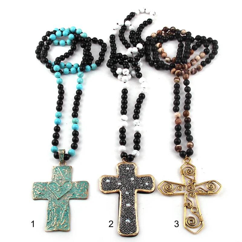 

Fashion Bohemian Tribal Jewelry 108 Beads Multi Stone Knotted Cross Pendant Necklace Wome Yoga Necklace