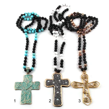 

Fashion Bohemian Tribal Jewelry 108 Beads Multi Stone Knotted Cross Pendant Necklace Wome Yoga Necklace