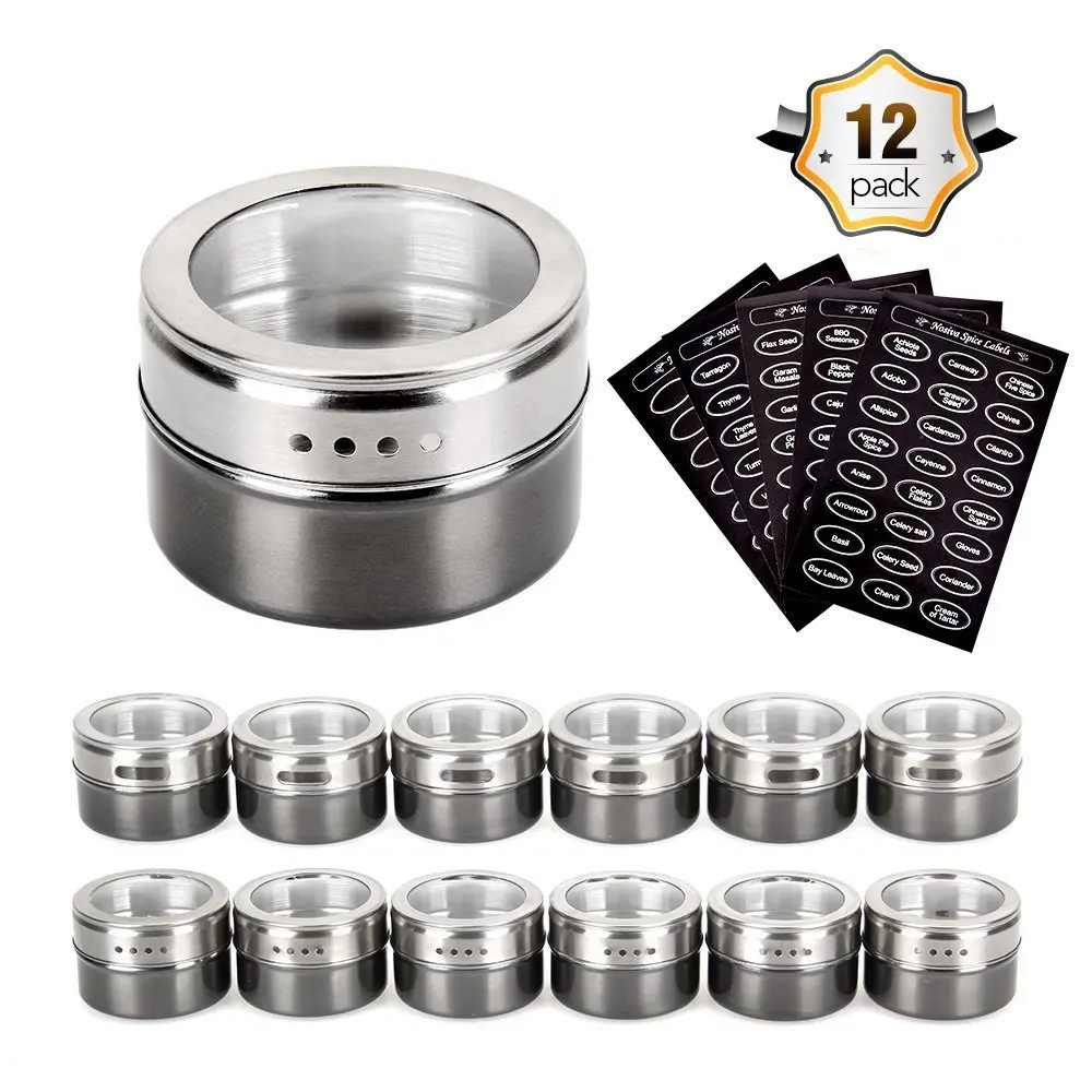 

12Pcs Magnetic Spice Jar Set With Stickers Stainless Steel Spice Tins Storage Container Pepper Seasoning Sprays Kitchen Tools
