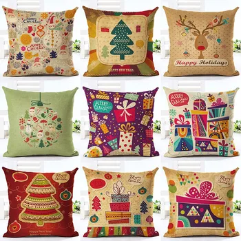 

Cartoon Deer Santa Claus Printed Cotton Christmas Cotton linen blend Throw Home Decorative Cotton Linen Cushion Cover 45 x 45cm