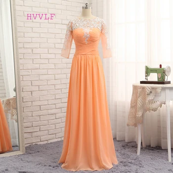 

HVVLF Orange Evening Dresses 2019 A-line Half Sleeves Chiffon Appliques Lace Elegant Long Evening Gown Prom Dress Prom Gown