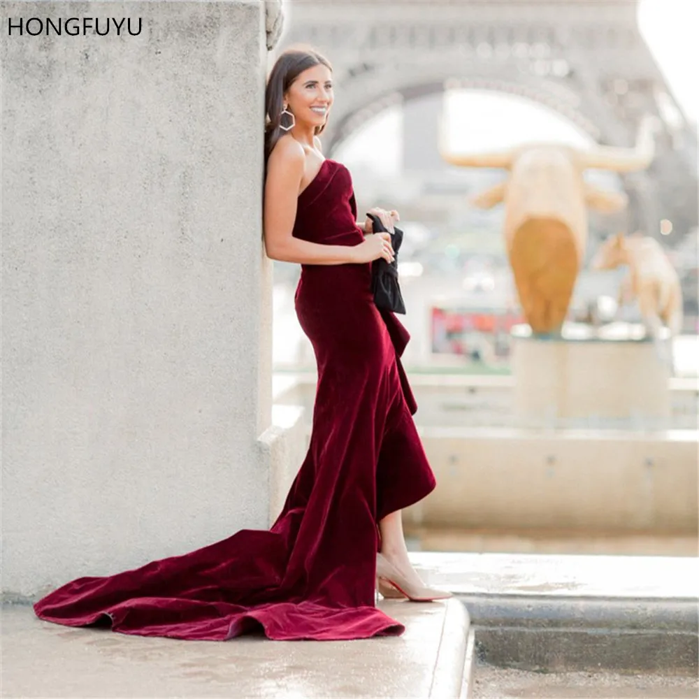 

HONGFUYU Sweetheart Velvet Evening Prom Gowns with High Slit Cascading Tiered Ruffle Red Carpet Party Dress Celebrity Dresses
