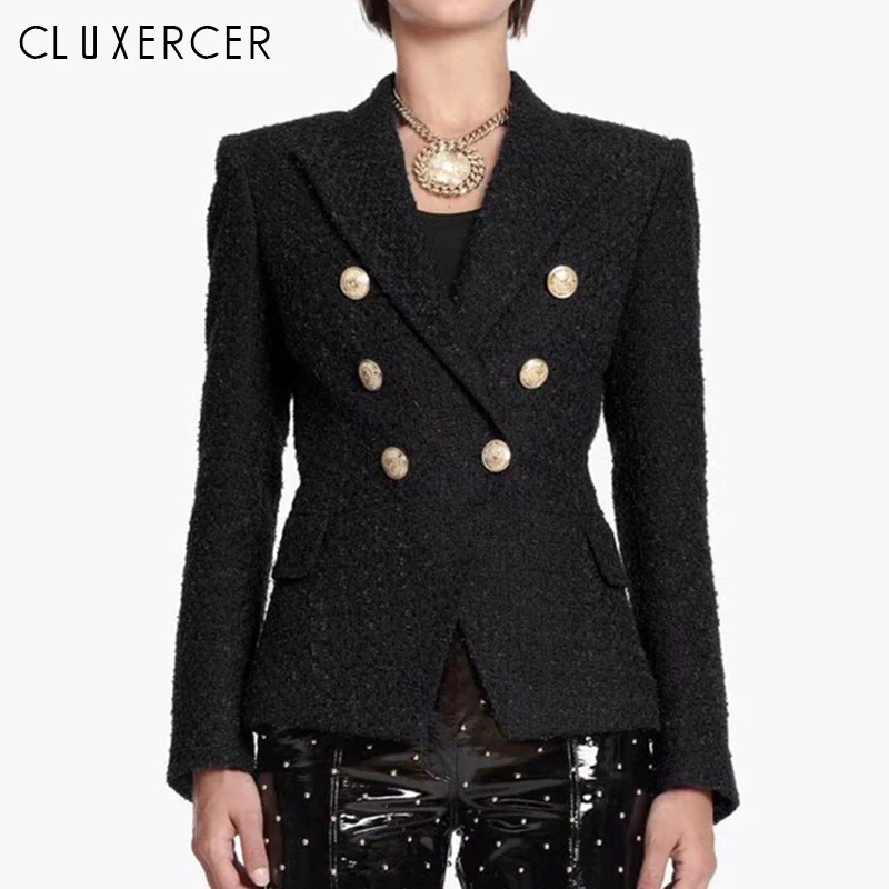 Tweed Blazer Women 2019 New Fashion Double Breasted Long Sleeve black blazer Woman Spring Autumn Elegant Slim Office Lady Blazer