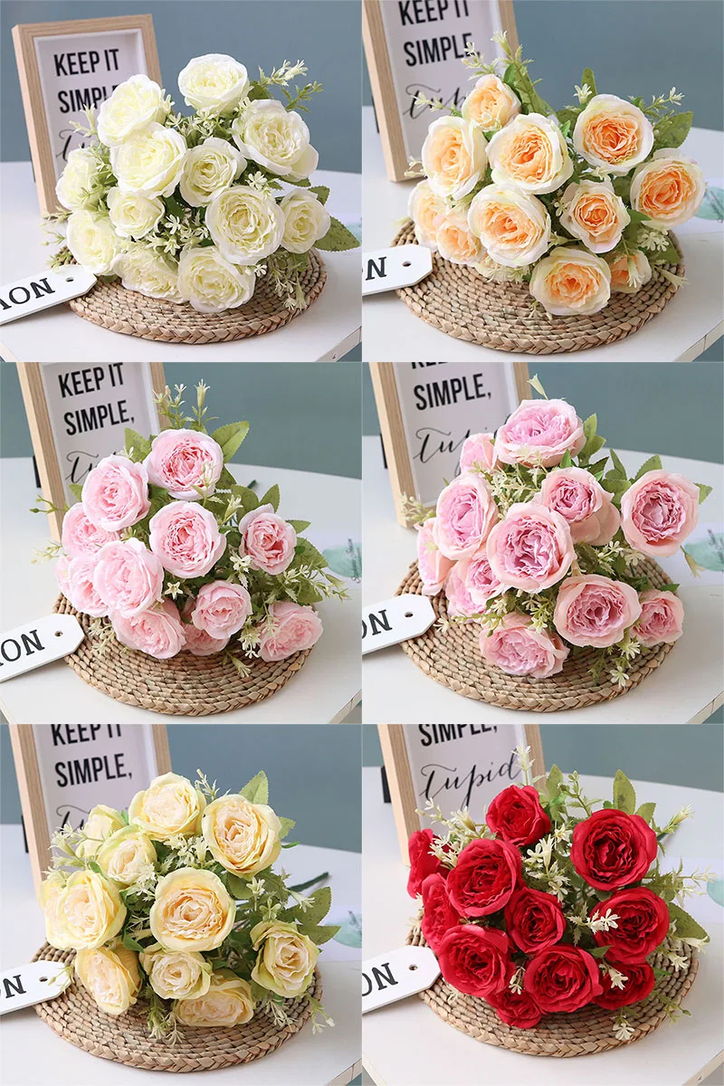 Flone High Quality Silk 12 Head Rose Bouquet Fake Flowers Artificial Flowers Tea Rose Wedding Living Room Decoration Accessories (26)