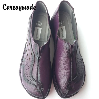 

Careaymade-top layer Genuine leather handmade shoes retro Sen female shallow soft bottom hollow Peacock Art retro flat shoes