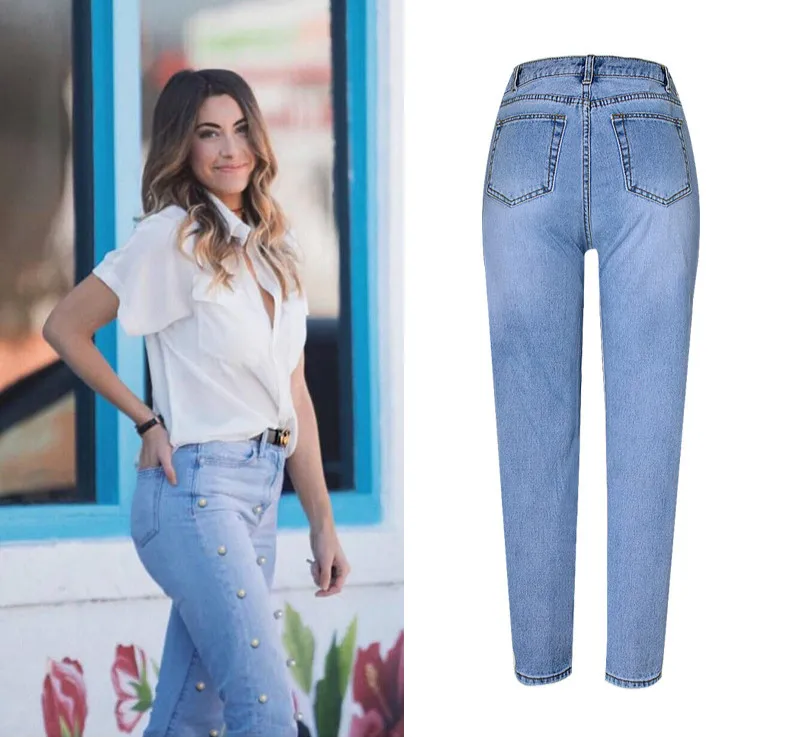 Wash Pants Fake Blue Women's Woman Jeans Straight High Cuffs Loose Waist Bleached New 2018 Trousers Zippers Beading Street Hot qTSXx6UUw