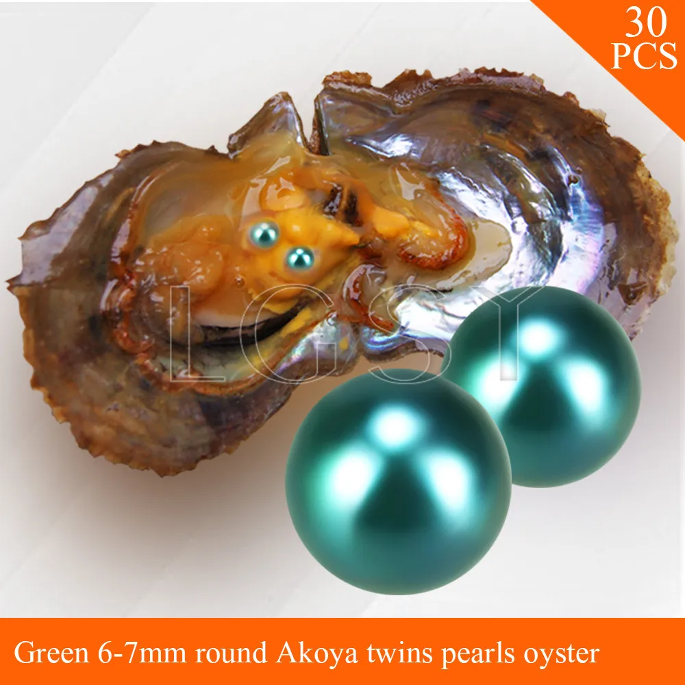 

LGSY FREE SHIPPING Bead Green 6-7mm round Akoya twin pearls in oysters with vacuum package for women jewelry making 30pcs